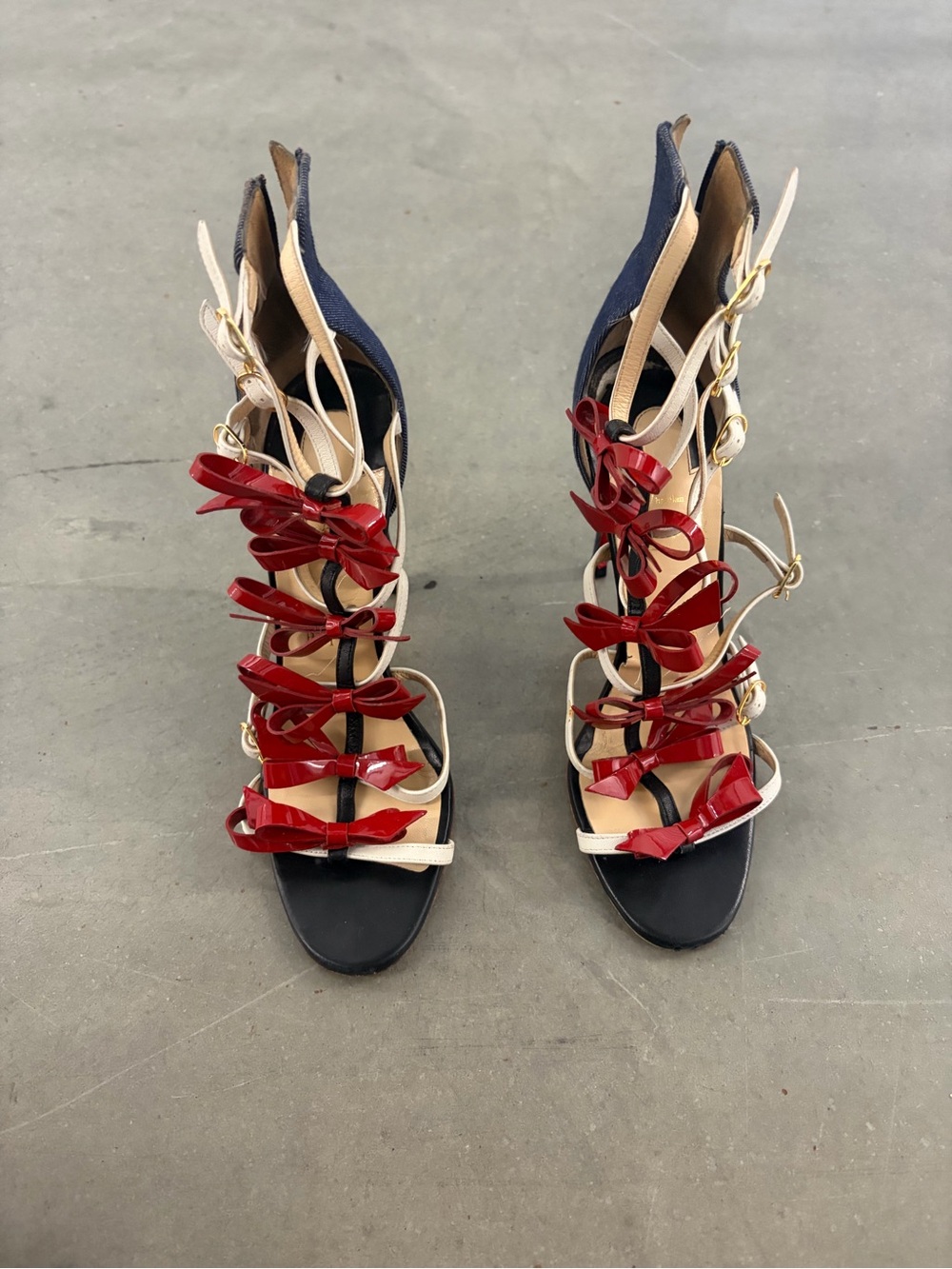 Christian Louboutin Navy Sandals with Red Bow Accents and Beige Straps